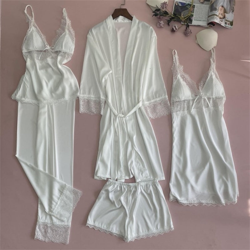 Women&#039;s Sleepwear White 5PCS Sleep Set Pajamas Lady Lace Satin Pyjamas Kimono Bath Gown Loose Home Cloting V-Neck Casual Nightwear