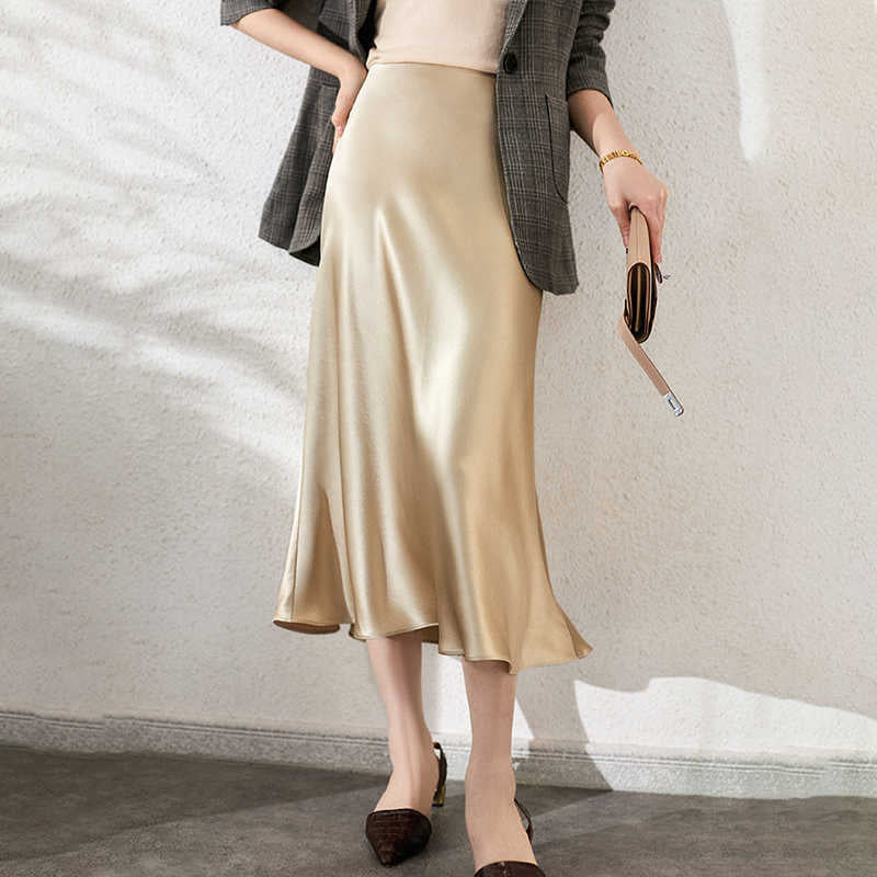 Skirts Silk Satin Summer High Waist Zipper Korean Office Lady Long Slim French Solid Elegant Runway Skirt A-Line Z273 H27S