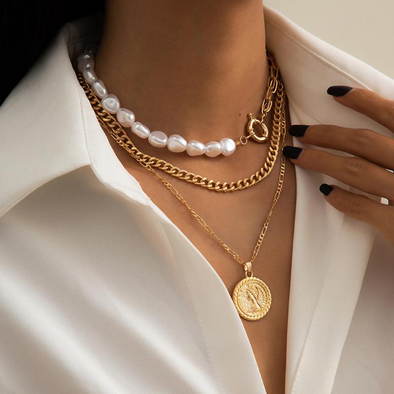 Pendant Necklaces Goth Layered Coin Portrait Necklace For Women Vintage Thick Chain Baroque Pearl Choker Punk Aesthetic Jewelry