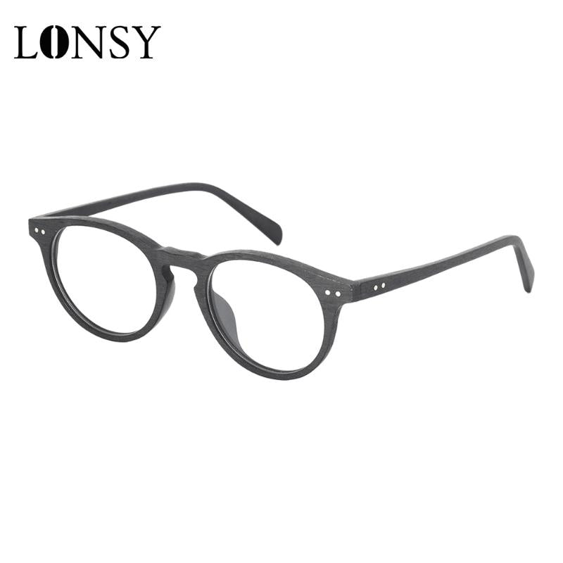 Fashion Sunglasses Frames LONSY Retro Round Design Anti Blue Light Lens Wood Grain Optical Glasses Frame Women Men Brand Computer Myopia Eye