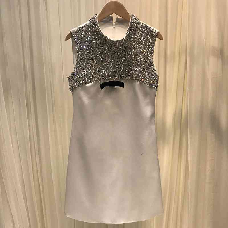 Casual Dresses Women Glitter Sleeveless Summer Bow High Waist Diamonds White Elegant Mini 85MM