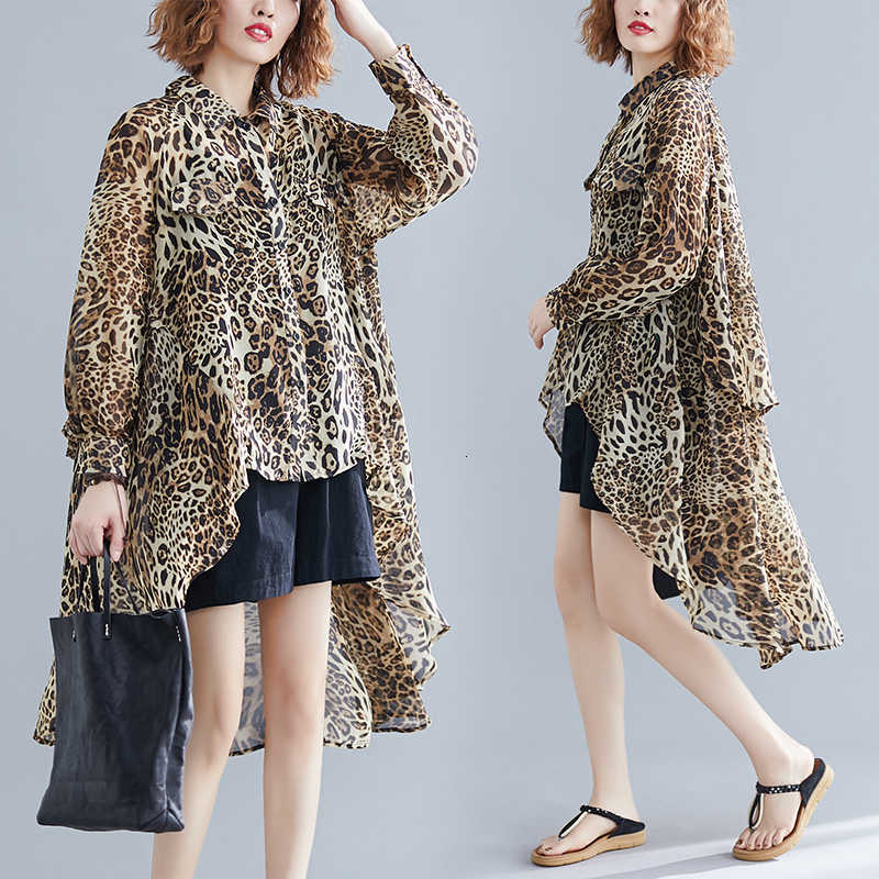 Women&#039;s Blouses & Shirts Plus Size Elegant Summer Tops Women Long Sleeve Leopard Print Ruffle Chiffon Blouse High Low camicetta AK
