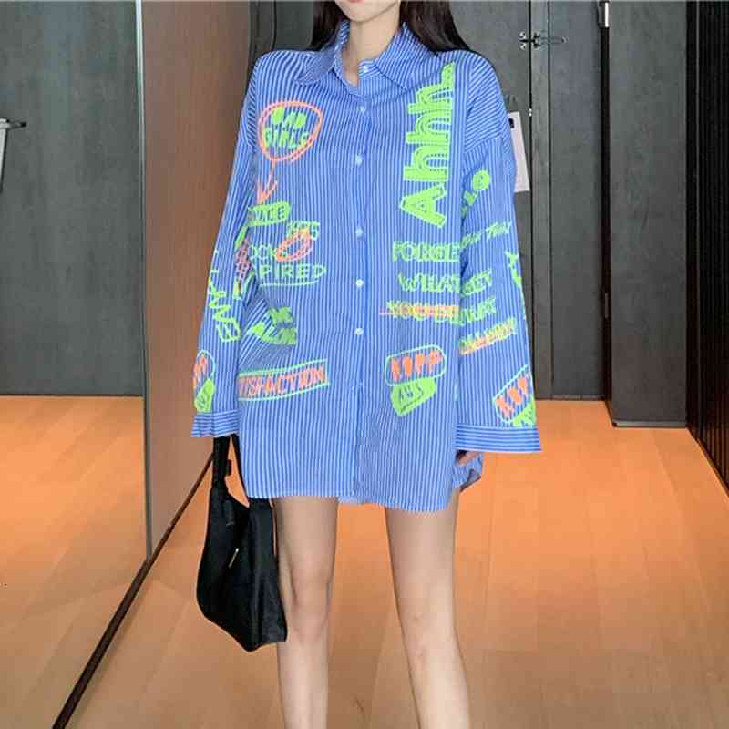 Women&#039;s Blouses & Shirts Graffiti Ink Print Stripe Long Sleeve Women Fashion Hip Hop Casual Oversized Streetwear Tops Male Punk Ro