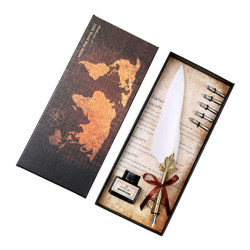 Dip Excellent Antique Feather Writing Ink Set Stationery Box with 5 Nib Wedding Gift Quill Fountain Pens 484