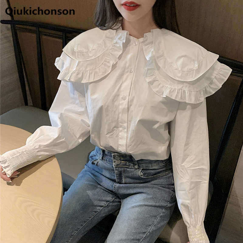 Women&#039;s Blouses & Shirts Kawaii Frilly Ruffle Peter Pan Collar White Tops for Women Teen Girls Preppy Style Long Lantern Sleeve Bu