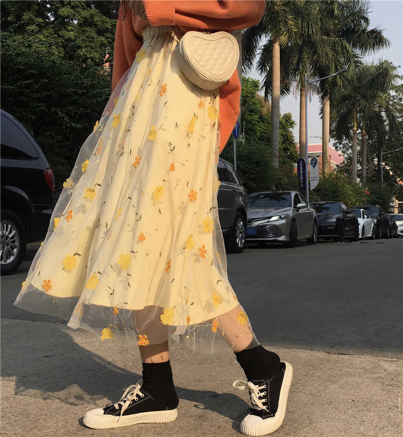 Skirts Summer Autumn Women Tulle Skirt Long Midi Cute Yellow 3D Flower Embroidery Floral Mesh Lace High Waisted School Girl Wear 7