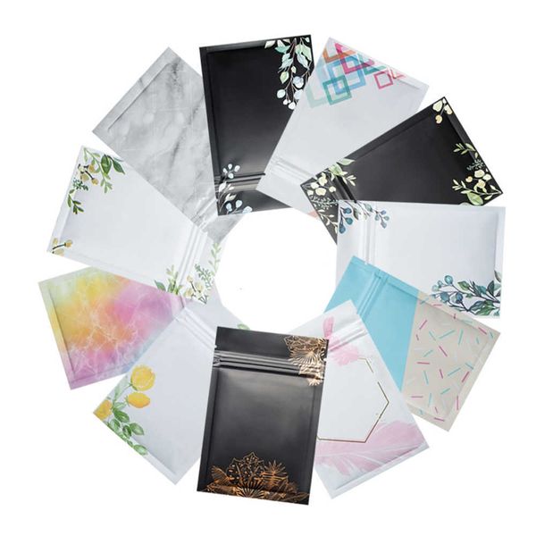 100Pcs-Lot Glossy Matte Mylar Foil Zip Lock Grip Seal Bag with Flower Printed Flat Pouches Resealable Reusable for Food Candy 210724