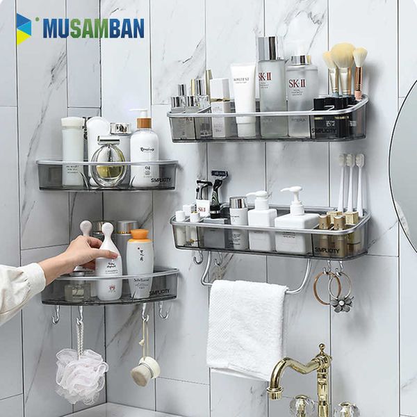 MUSAMBAN Bathroom Shelves Storage Organizer Rack Shower Shelf Wall Mount Shampoo Towel Bar Corner Holder Kitchen Accessories 210724