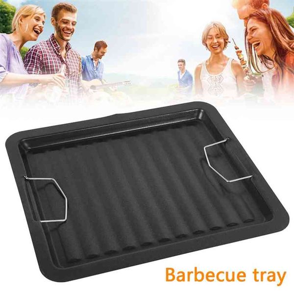 1pc Grill Pan Non Stick Frying Pan Stone Rectangle Camping Outdoor Cookware BBQ Baking Tray Barbecue Plate Accessorie 210724