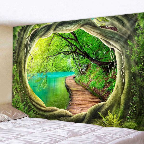 Wooden Bridge In Tree Hole Quality Mandala Indian Tapestry Wall Hanging Bohemian Yoga Mat Sandy Beach Throw Rug Blanket Large 210609
