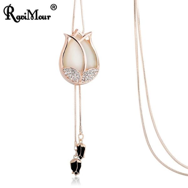 Pendant Necklaces RAVIMOUR Big Choker Kolye Crystal Opal Statement Pendants Tulip Flower Tassel Sweater Chain Long Necklace Jewelry Gift