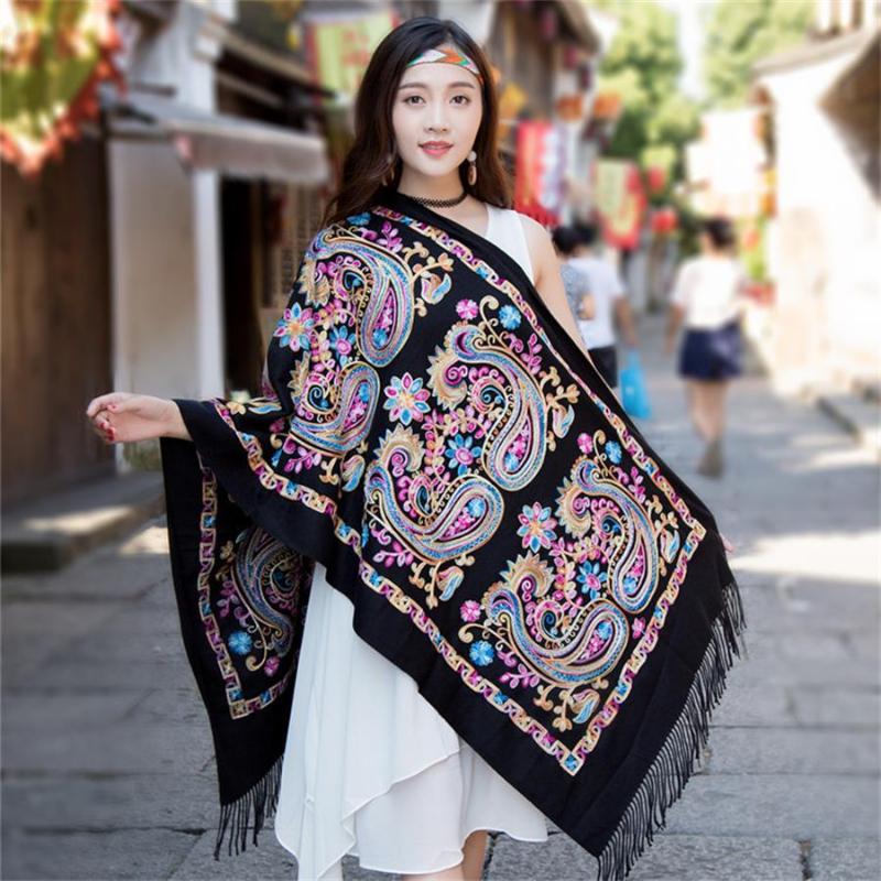 Scarves Black Embroider Flower Pashmina Cashmere Scarf Female Winter Warm Shawl Fashion Cape Mujeres Bufanda QM06