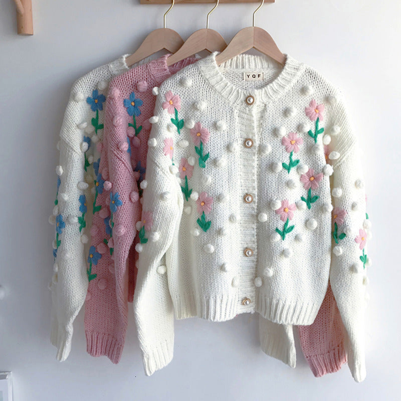 Casual Dresses Embroidered Flower Spring Autumn Vintage Knitting Knitted Cardigan Coat Wool Ball Sweater Tops Female Pull Femme C9