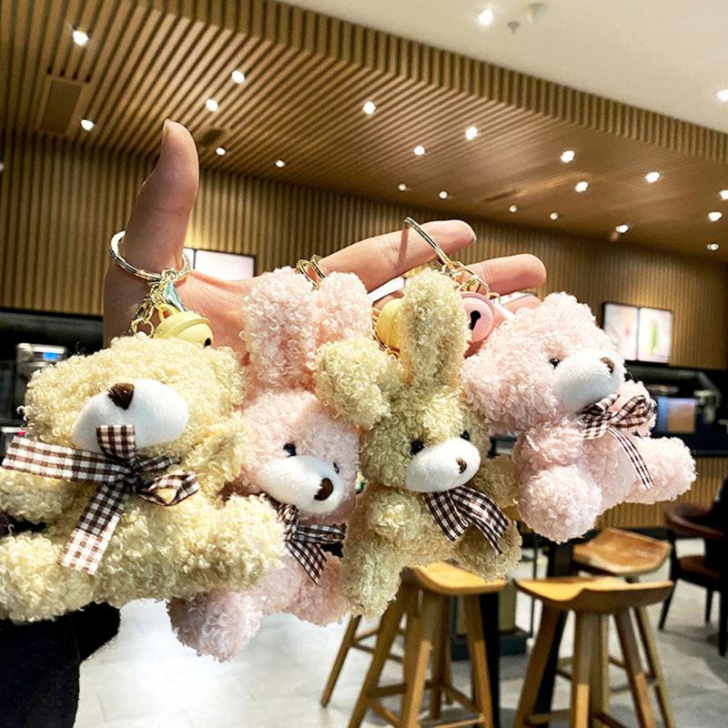 Keychains 2021 Floral Cloth Bear Dolls Keychain Bag Pendants Couple Bow Plush With Bell Key Ring Lovers Friends Gift