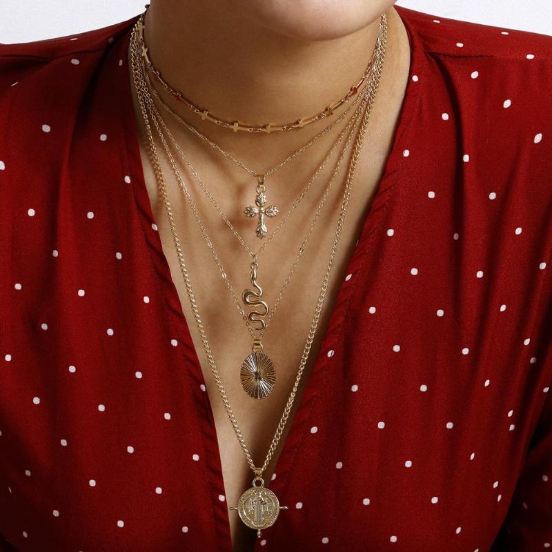 Pendant Necklaces Multi Layer Gold Lover Cross Snake Choker Necklace Steampunk Coin Buddha Chain Collier Couple Jewelry Gift