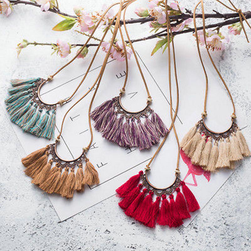 Pendant Necklaces Tassel Necklace Women Fashion Jewelry Leather Rope Chain Silk Fabric Boho Choker F627
