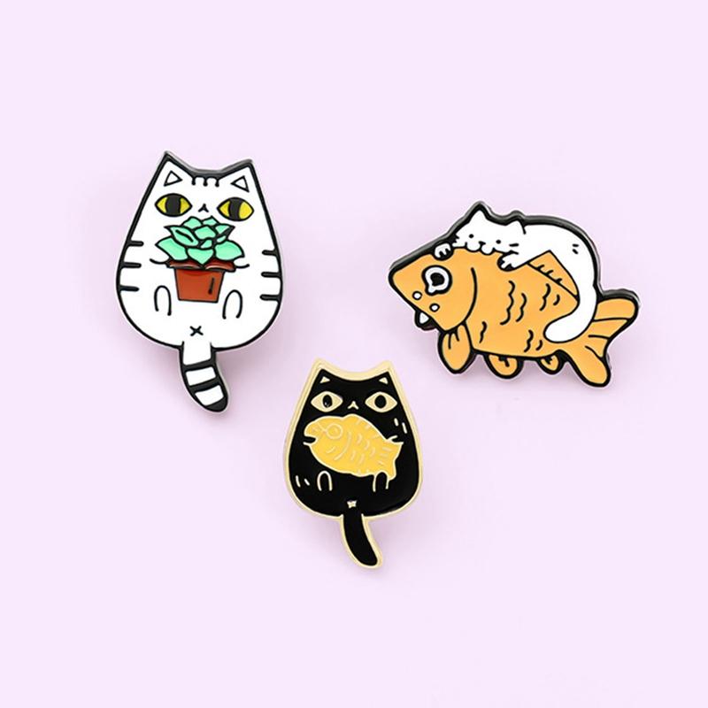 Pins, Brooches Cartoon Pattern Enamel Broochs Fish Potted Black And White Cute Cats Plant Lovely Pins Gift Custom Jewelry Badge For Kids Gir