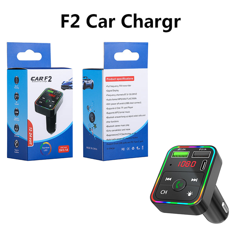 Top quality F2 car bluetooth chargers FM transmitter Wireless Handsfree Audio Receiver kit TF card MP3 player 3.1A Dual USB PD Fast Charger with Col