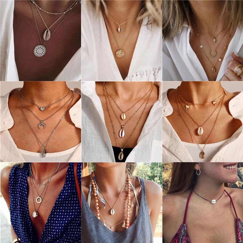 Pendant Necklaces Bohemia Multilayer Shell Necklace Gold Color Crystal Metal Choker For Woman Jewelry