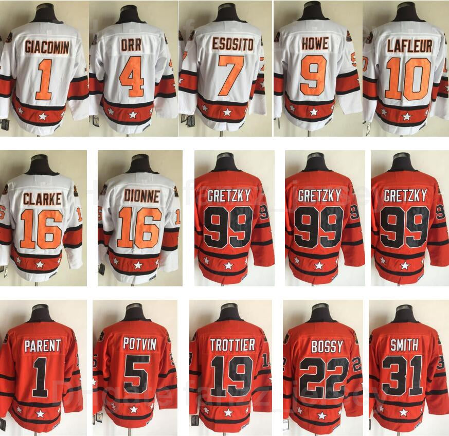 1980 All-Star Hockey Jersey Retro Mike Bossy Wayne Gretzky Billy Smith Denis Potvin Bryan Trottier Bernie Parent Guy Lafleur Dionne Clarke Gordie Ho