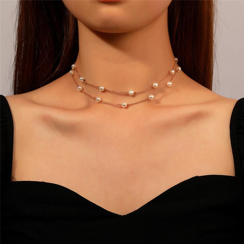 Chokers Luokey Korea Fashion Metal Double Layer Chains Necklace Delicate Wedding Clavicle Chain Pearl Choker Necklaces For Women Jewelry