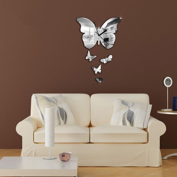 Wall Clocks Butterfly 3D Mirror Sticker Round DIY TV Background Room Stickers Decor Bedroom Bathroom Home Decoration