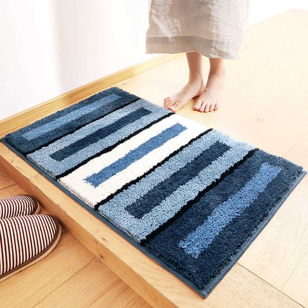 Fashion Striped Microfiber Bath Mat Super Soft Flocking Bathroom Rug Fast Absorbent Bathroom Door Mat TPR Slip Home Floor Mat 210622