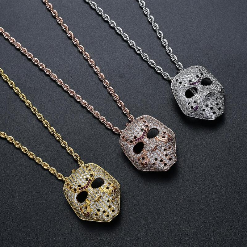 Pendant Necklaces Brass CZ Mask Necklace Men&#039;s Hip-Hop Party Jewelry Gift For Women Chain Bling Rap Iced Out Jewellery