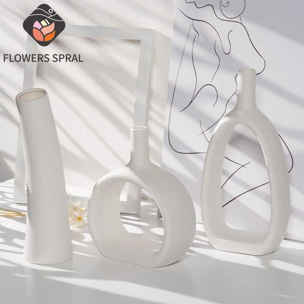 Geometric Hollow Nordic Vase White Ceramic Artist Home Living Dining Table Bookcase Decoration Creative Gift 210623