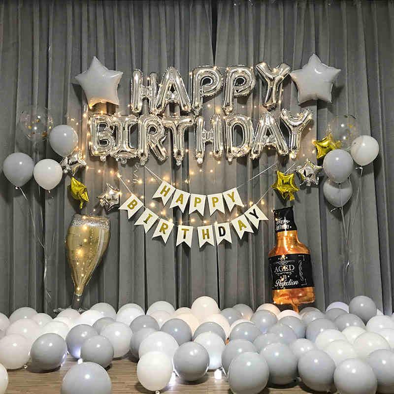 Party Decoration Birthday Adults Silver Happy Balloon Kit Anniversary Wineglass White Gray Latex Backdrop