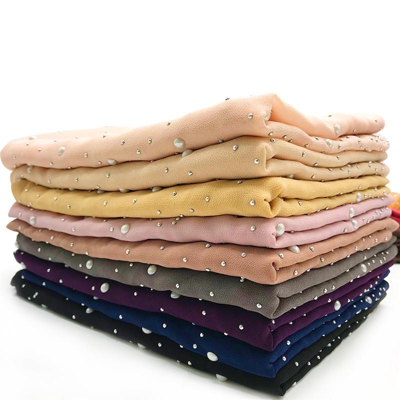 Scarves 24 Colors Muslim Ladies Head Scarfs Fashion Solid Color Women Soft Chiffon Scarf Shawl Hijab With Silver Dots And Pearl