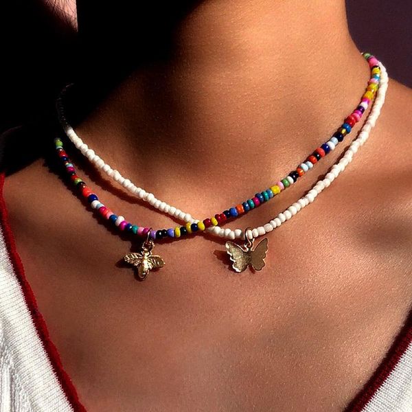 Pendant Necklaces Boho Metal Bee Butterfly Beads Necklace For Women Multicolor White Bead Choker Sweet Fashion Jewelry