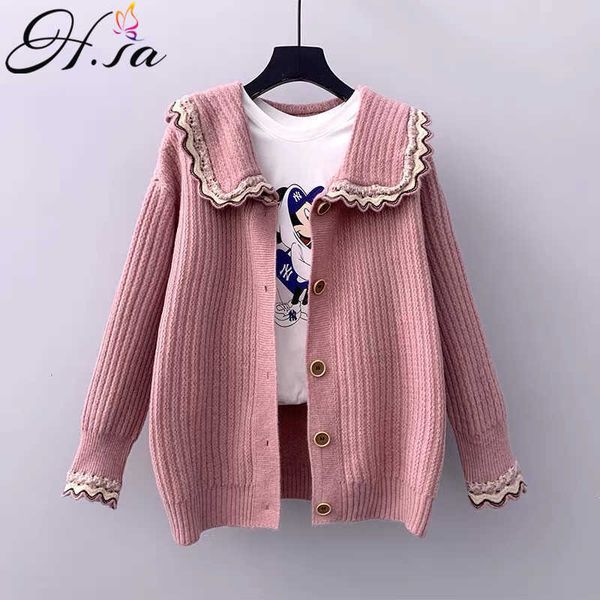 H.SA Women Sweater Cardigans Peter Pan Collar Cute Loose Korean Cardigans Sweater Coat Button Up Pink Knit Jacket Poncho Femme 210716