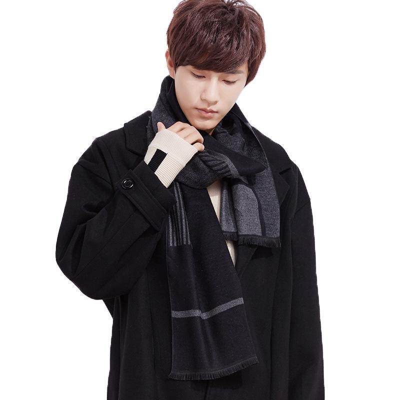Scarves VOHIO Scarf Men Big Size 210cm Black Wool Spinning Striped Women Winter Imitation Cashmere Shawl Knitted Warm Plaid Neck
