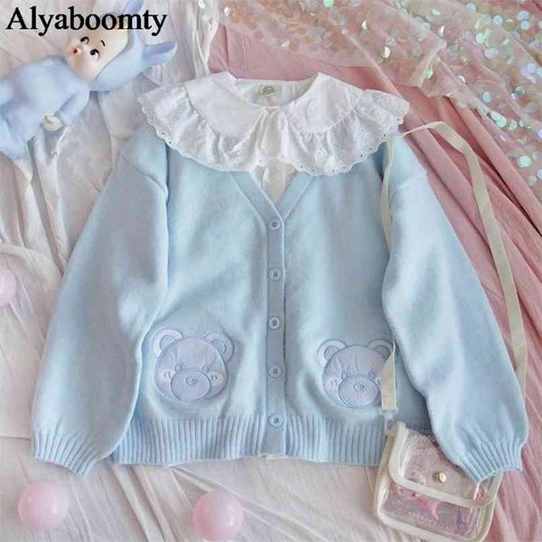 Japanese Preppy Style Spring Autumn Women Sweater Blue Bear-Pink Animal Knitted Outerwear Cute Kawaii Mori Girl Sweet Cardigan 210908
