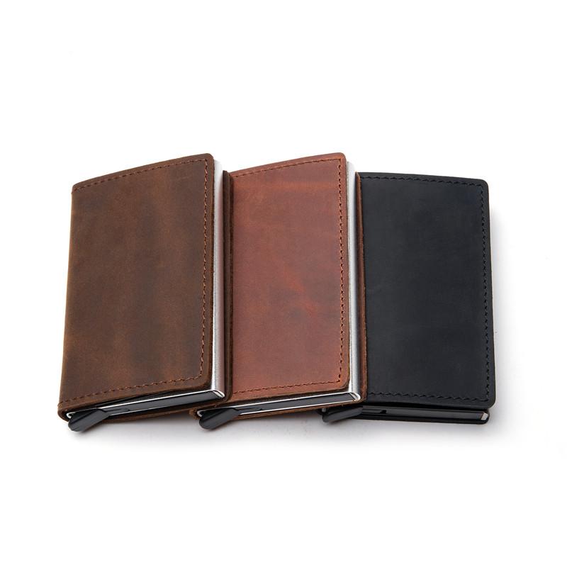 Card Holders 2021 Genuine Leather Rfid Anti-Theft Holder Aluminum Box Slim Clutch -Up Smart Wallet For Business Men