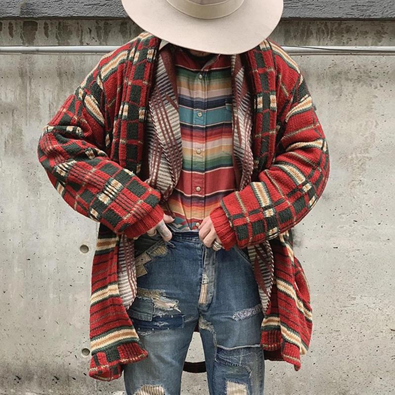 Men&#039;s Sweaters Autumn Fashion Warm Knitted Cardigan Mens Outerwear Vintage Plaid Printed Long Sleeve Sweater Jackets Men Casual Loose