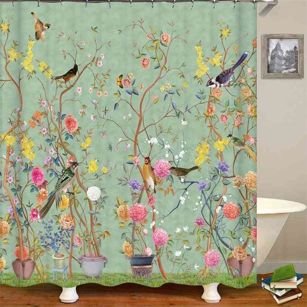 Chinese Style Flower and Birds Tree Shower Curtains Bath Waterproof room Decor With Hooks 3d Printing 210915