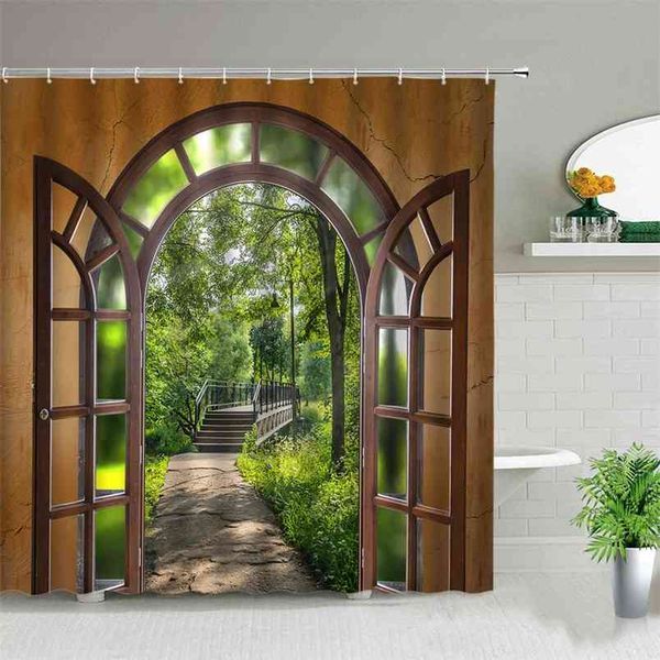 Window Outside Forest Bridge Spring Landscape Creativity Shower Curtain Zen Stone Tree Building Scenery Cloth Curtains With Hook 210915