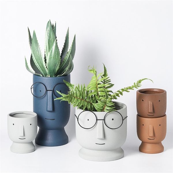 Home Garden Nordic Cute Glasses Boy Ceramic Succulent Flower Pot Cartoon Fashion Simple Art Dried Flower Vase Indoor Green Dill 210922