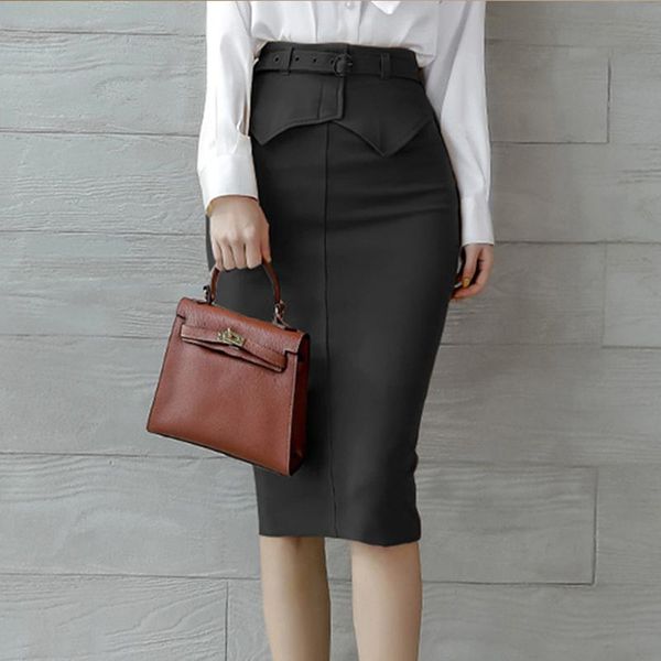 Skirts 2021 Office Lady High Waist Pencil Skirt Women&#039;s Elegant Slim Bodycon Business Casual With Sashes Midi Female