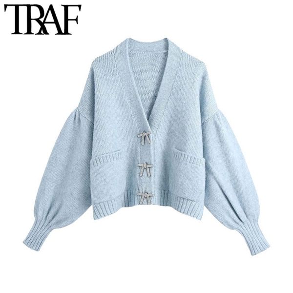 TRAF Women Fashion Buttons Loose Knitted Cardigan Sweater Vintage Long Sleeve Pockets Female Outerwear Chic Tops 211007