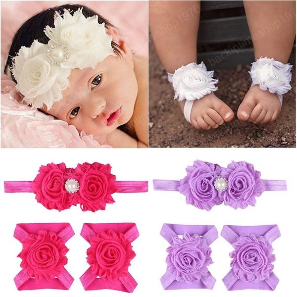 Fashion Newborn First Walkers Infant Baby Girl Boy Soft Shabby Chiffon wer Headbands with Sneaker Barefoot Sandals Sets Kids Photo Props