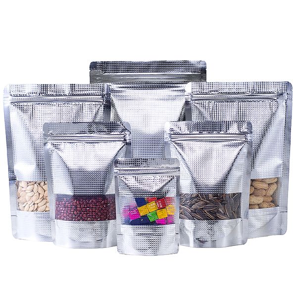 100pcs Stand up Embossed Silver Aluminum Foil Window Zip Lock Bag Resealable Visiable Display Food Snack Coffee Meat Dried Fruits Nuts Beans