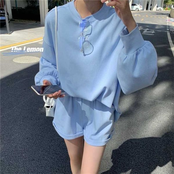 spring Korean candy color loose long-sleeved t-shirt + casual shorts suit women 211106