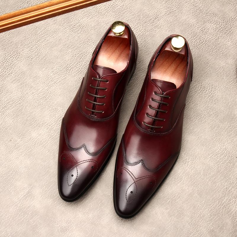 Dress Shoes Large Size EUR46 Black - Wine Red Brown- Coffee Mens Genuine Leather Oxfords Social