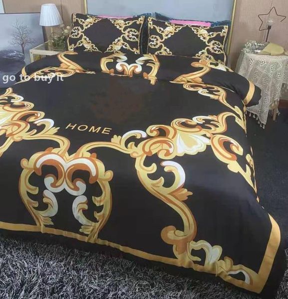 Queen Size 4pcs Bedding Sets 100% Cotton Duvet Cover with Pillowcases Bed Sheet - Black and Gold