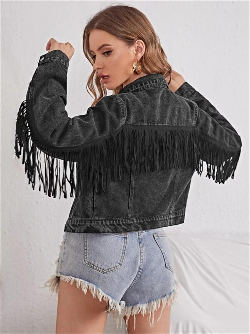 Women&#039;s Jackets Autumn Women Fashion Long Sleeve Casual Ladies Outerwear Chaqueta Mujer Stylish Fringe Beaded Loose Denim Jacket Coat