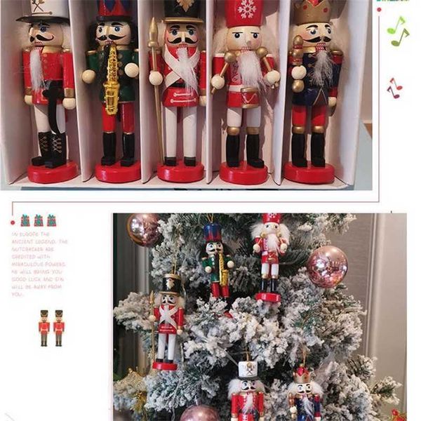 5-6pcs Merry Christmas Decorations Kids Nutcracker Soldier Doll 12cm Wooden Pendants Year Ornaments for Navidad Xmas Tree 211122