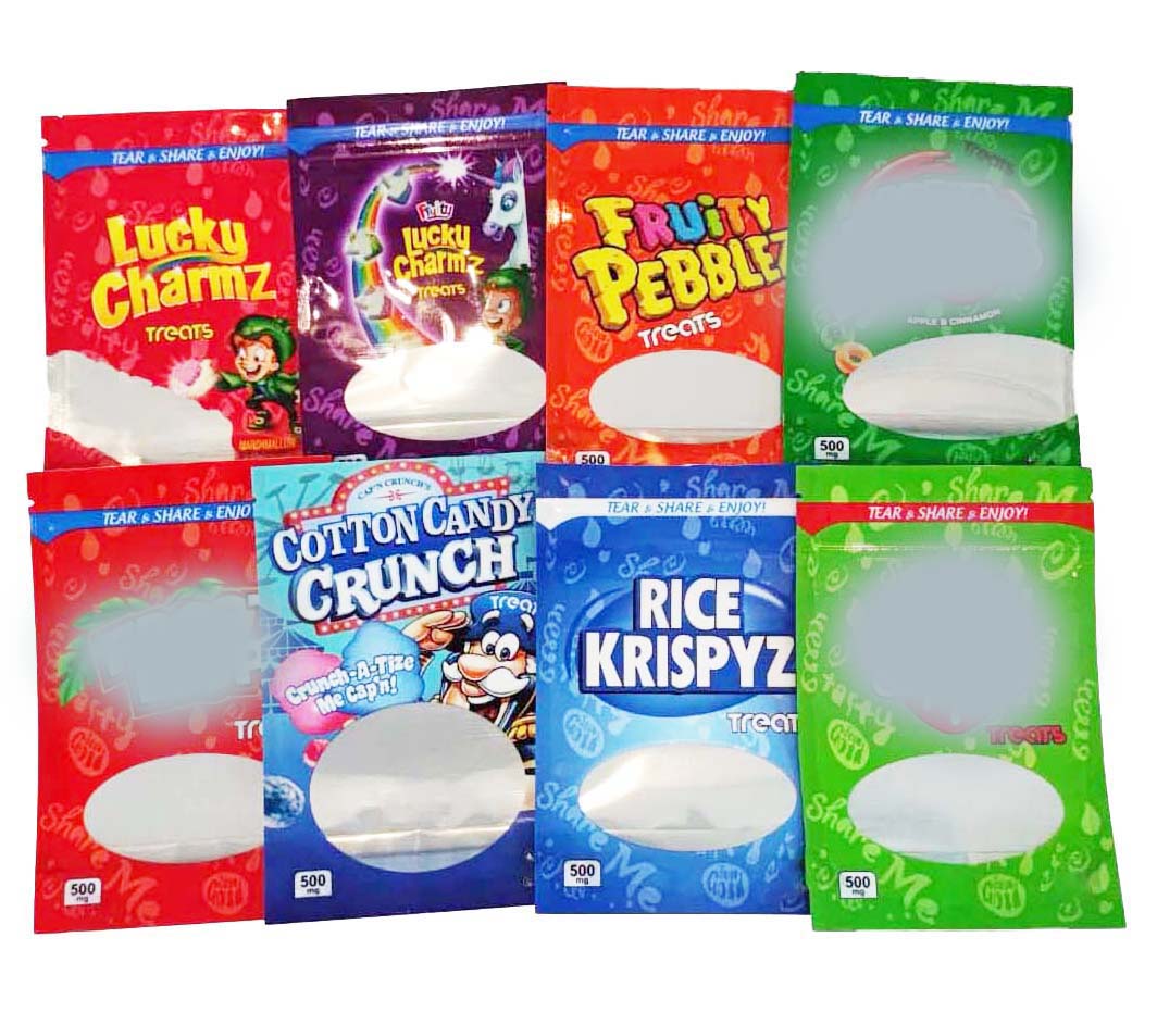 500MG INFUSED CEREAL TREATS EDIBLES PACKAGING MYLAR BAGS lucky charmz RICE KRISPYZ FRUITY PEBBLEZ edible zipper gummies bag